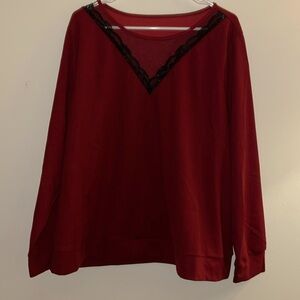 SHEIN dark red long-sleeve formal shirt, sheer red neckline with black lace trim